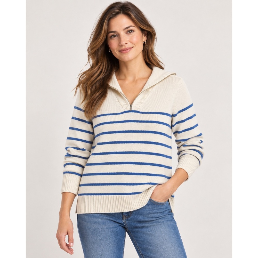 Talbots Plus Womens 1X Striped Quarter Zip Sailor Collar Sweater Cream Blue